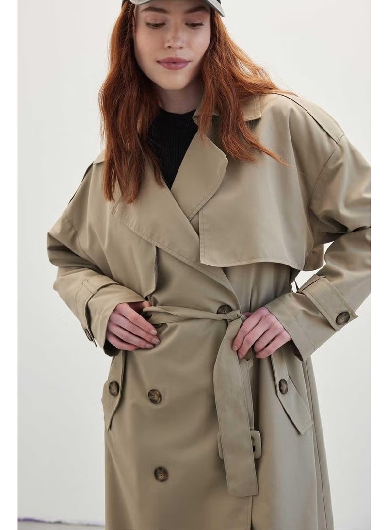 Manuka Buttoned Double Breasted Trench Coat Sand - Image 2